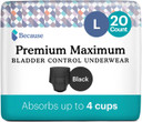 Because Premium Maximum Absorbency Adult Incontinence And Postpartum Bladder Leak Underwear For Women, Heavy Absorbency, Disposable, Black, Large, 20 Count