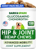 Bark&Spark Advanced Hemp Chews For Dog Joint Pain Relief - Glucosamine Chondroitin Hemp Treats Hip Joint Health - Joint Supplement Large Breed & Small - Hemp Treats Joints Old Senior Dog (120Ct/Bacon)