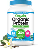 Orgain Organic Vegan Protein Powder + Greens, Vanilla Bean - 21G Plant Based Protein, 6G Prebiotic Fiber For Gut Health, Gluten Free, No Lactose Ingredients, No Sugar Added, Non-Gmo - 1.94Lb