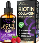 Liquid Biotin & Collagen - Vitamins For Hair Growth Support For Women & Men - Extra Strength 60000 Mcg Drops - B7 Supplement - Strong Nails & Healthy Skin - 98% Faster Absorption Than Pills