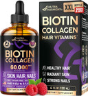 Liquid Biotin & Collagen - Vitamins For Hair Growth Support For Women & Men - Extra Strength 60000 Mcg Drops - B7 Supplement - Strong Nails & Healthy Skin - 98% Faster Absorption Than Pills