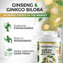 Ginko Biloba & Panax Ginseng Supplement - Red Ginseng Brain Supplement For Memory And Focus - Ginkgo Biloba Supplements For Good Vision, Immune System And Improved Blood Flow - 60 Tablets