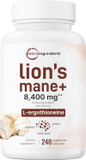 Lions Mane Supplement 8,400 Mg Equivalent | 240 Veggie Capsules With L-Ergothioneine | Superfood Mushroom Antioxidants For Healthy Aging & Cognitive Support | Non-Gmo