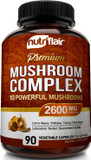 Nutriflair Mushroom Supplement 2600Mg, 90 Capsules - 10 Mushrooms Blend - Reishi, Lions Mane, Cordyceps, Chaga, Turkey Tail, Maitake, Shiitake, Oyster Nootropic Complex - Brain, Energy, Focus Pills