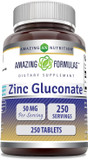 Amazing Formulas Zinc Gluconate 50Mg 250 Tablets Supplement | Non-Gmo | Gluten Free | Made In Usa