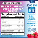 Energy Gummies Vitamin B12, Green Tea Natural Caffeine Support, Extra Strength 1000 Mcg Daily Energy Vitamins, Delicious Berry Flavor Gluten Free Chewable Supplement For Cycling & Running - 60 Chews