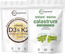Micro Ingredients Vitamin D3 10,000Iu + K2 200Mcg Coconut Oil Softgels & Instant Colostrum Powder Bundle 2 Pack | Essential Sunshine Vitamins | Grass-Fed Bovine MotherâS First Milk