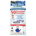 A box containing 50 individual premixed packets of NeilMed Sinus Rinse, designed for easy preparation of a saline nasal rinse solution.