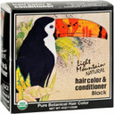 A 4 oz box of Light Mountain Natural Hair Color and Conditioner in Black, featuring vibrant packaging that highlights its 100% natural, chemical-free formulation and USDA organic certification.