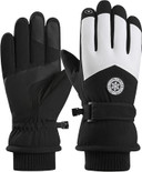 Men's black and white thermal touchscreen gloves designed for outdoor activities; waterproof and windproof with a sleek design.