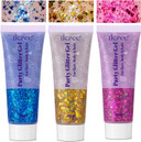 Body Glitter Gel 3PCS, 50ml Mermaid Silver Pink Face Hair Glitter Gel Sequins Shimmer Liquid Eyeshadow, Liquid Holographic Glitter Gel, Chunky Glitter for Music Festival, Parties, Performances, Stages