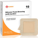 Carbou 10Pcs Silicone Foam Dressing 3"x 3"(7.5 cm x 7.5 cm) - with Border Adhesive Waterproof Central Ultra Absorbent-Foam (1.8" X 1.8") Square Dressing Waterproof Silicone Wound Bandage
