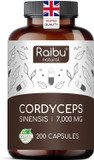 Raibu Cordyceps Capsules - 21000mg Mushroom Content per Daily Dose (10:1 Extract) - 200 Vegan Capsules - Cordyceps Supplement with Black Pepper & Vitamin C for Well-Being - No Additives & Lab Tested