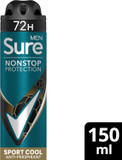 Sure Men Nonstop Protection Sport Cool Anti-Perspirant Aerosol Men's Deodorant Spray with Body Heat Activated technology and a mint & citrus scent for 72 hour odour and sweat protection 150 ml