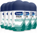 Sanex Men Sensitive Antiperspirant Roll-On Deodorant 6x50ml - 48 hour sweat protection - odour-fighting formula - slows down odour release - gentle on skin - 0% alcohol