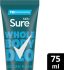 Sure Men Ocean Rush Whole Body Deodorant Men's Deodorant Cream with a herbal & woody fragrance for 72 hour odour control 75 ml (Pack of 2)