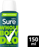 Sure Men Active Fresh Whole Body Deodorant Men's Deodorant Spray with a herbal, citrus & woody fragrance for 72 hour odour control 150 ml (Pack of 2)