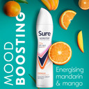 Sure Nonstop Protection Energise Anti-Perspirant Aerosol Women's Deodorant Spray with Body Heat Activated technology and a mandarin & mango scent for 72 hour odour and sweat protection 6x 250 ml