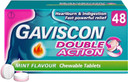 Gaviscon Double Action, Chewable tablets, Mint Flavour, flavour, 48 tablets, Heartburn & Indigestion, Fast powerful relief, Gets to work in minutes, Dual relief on the go, instant Relief