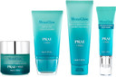PRAI MenoGlow Value Set - Menopause Skincare & Support - Collagen Boosting Crème Gel Moisturiser (50ml), Hot Flush Cool Fix Serum (60ml), Crème Cleanser (120ml), Ultra Rejuvenating Sleep Mask (50ml)