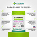 Lindens - Potassium 200mg Tablets with 50mg Vitamin C - 100 Tablets - UK Made - Contributes to Normal Blood Pressure, Muscle Function and Nervous System Function - Letterbox Friendly, Vegan