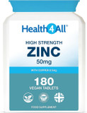 Health4All Zinc 50mg 180 Tablets 6 Months Supply, with Copper, High Strength Zinc Supplements for Immune Support, Skin, Hair & Nail, Vegan Immunity Supplements for Men & Women | Made in UK