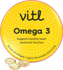 Vitl Omega 3 Fish Oil Supplement - 30 Easy to Swallow Softgel Capsules - Support Brain & Heart Health - 500mg Fish Oil, 250mg DHA & 50mg EPA