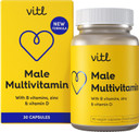 Vitl Male Multivitamin & Minerals Supplement - 30 Vegan Capsules - 20 Essential Nutrients Including B Vitamins, Zinc, Vitamin D & Plant Extracts - Support Overall Male Wellbeing - 1 Month Supply