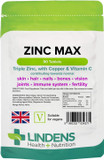 Lindens Zinc Max Tablets - 90 Pack - Provides 300% Nrv Dose, Fortified with Vitamin C & Copper to Contribute Towards Healthy Hair, Skin, Nails, Vision & Hormone Balance - UK Made, Letterbox Friendly Lindens Zinc Max Tablets - 90 Pack - Provides 300% Nrv Dose, Fortified with Vitamin C & Copper to Contribute Towards Healthy Hair, Skin, Nails, Vision & Hormone Balance - UK Made, Letterbox Friendly