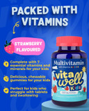 Vitawell Kids Multivitamin Gummies - 120 Natural Strawberry Flavour (4 Month Supply) | Chewable Kids Multivitamin Chews | Vitamin D3, A, E, C, B6, B12 | No Artificial Colours, Flavours, Preservatives