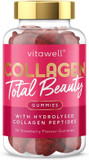 Vitawell Collagen Total Beauty Gummies | 50 Strawberry Flavour Gummies | 1 a Day Chewable Vitamins | 500mg Hydrolysed Fish Collagen with Vitamin C, Biotin & Selenium | By Vitawell
