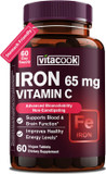 Iron Supplement For Women Men, High Potency Iron 65Mg With Vitamin C 250Mg, Stomach Friendly Iron Pills For Red Blood Cell & Immune Support, Non-Gmo & Gluten Free,180 Vegan Tablets