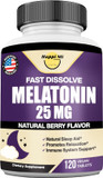 Melatonin 25Mg, Extra Strength With L-Theanine & Vitamin B-6, Fast Dissolve Tablets, Sleep Support, Relaxation, Restful Sleep, Drug Free, Natural Berry Flavor, 120 Chewable Tablets