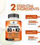 American Standard Supplements Vitamin D3 5000 Iu (125Mcg) Plus Vitamin K2 (Mk7) 200Mcg Per Capsule - Gluten Free, Non-Gmo, 120 Capsules, 120 Servings, 120 Day Supply