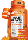 Herbtonics Multi Collagen Gummies With Biotin & Vitamin C, Hydrolyzed Collagen Peptides Types I, Ii, Iii, V, X For Hair, Skin, Nails, & Bone Support - Tropical Flavor, 60 Gummies