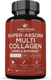 Wholesome Wellness Super-Absorb Multi Collagen Pills (Type I Ii Iii V X) Organic Herbs & Bioperine - Hair, Skin, Nails, Joints - Hydrolyzed Peptides Protein Supplement For Women & Men (90 Capsules)