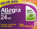 Allegra Adult 24-Hour Allergy Relief Tablets, Non-Drowsy Indoor And Outdoor Allergy Medicine, 180 Mg Fexofenadine Hci Antihistamine Pill, 70-Count