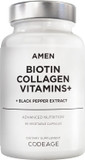 Amen Biotin Collagen Vitamins+ 10,000 Mcg Biotin Supplement - Hydrolyzed Collagen, Vitamins C & E, Folate, Hyaluronic Acid, Keratin, Msm, Saw Palmetto - 3-Month Supply - Non-Gmo - 90 Capsules