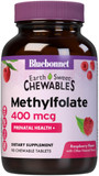 Bluebonnet Earthsweet Methylfolate 400 Mcg Cellular Active Coenzyme 5-Mthf L Methyl Folate Supplement - Prenatal & Energy Support* - Non-Gmo, Vegan, Gluten-Free - Raspberry - 90 Chewable Tablets