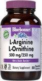 Bluebonnet Nutrition L-Arginine 500Mg/L-Orinithine 250Mg, Supports Protein Metabolism*, Soy-Free, Gluten-Free, Non-Gmo, Kosher Certified, Vegan, 50 Vegetable Capsules, 50 Servings