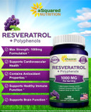Asquared Nutrition Natural Resveratrol With Red Wine Extract - 180 Capsules - Trans Resveratrol Antioxidant Supplement Pills For Pure Heart Health - Extra Strength Trans-Resveratrol