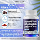 Resveratrol Nad+ Berberine Hyaluronic Acid - Biotin Grape & Blueberry + Nac - Collagen Peptides - Hair, Nail, Skin & Joint Supplement - 21-In-1 Women And Men - Made In Usa - 120 Count