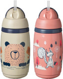 Tommee Tippee Insulated Straw Bottle, 9Oz, Spill Proof Toddler Water Bottle For 12 Months+, Flip Lid Helps Keep Straw Clean, Pink And Grey, 2 Count