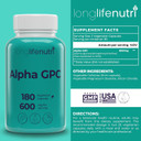 Alpha Gpc Choline Supplement 600Mg  180 Vegetarian Capsules, High Purity Nootropic For Daily Energy, 3-Month Supply, Acetylcholine Source For Cognitive & Mental Clarity, Gmp Certified, Made In Usa