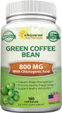Asquared Nutrition Natural Green Coffee Bean Formula-180 Capsules-Max Strength Gca Antioxidant Cleanse For Pure Weight Loss, 800Mg Per Pill-Chlorogenic Acid-1600Mg Daily Supplement, Healthy Fat Burner