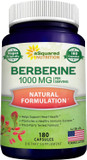 Asquared Nutrition Pure Berberine 1000Mg Supplement - 180 Veggie Capsules, Natural Berberine Hydrochloride Hcl Plus, Max Strength 1000 Mg (2X 500Mg), Potent Berberine Vegan Extract