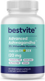 Bestvite Advanced Ashwagandha 120Mg W/Shoden (120 Vegetarian Capsules) - Clinically Studied Containing Industry Leading 35% Withanolide Glycosides - No Stearates - Vegan - Non Gmo - Gluten Free