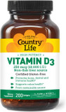 Country Life Vitamin D3 10,000 Iu  High Potency Non-Fish Source  Bone & Immune Support  Certified Gluten-Free  200 Softgels