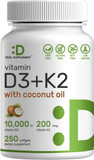 Deal Supplement Vitamin D3 10,000 Iu + K2 Mk7 200Mcg Softgels, 250 Count | 2-In-1 Complex With Virgin Coconut Oil | Supports Heart, Bone, Teeth & Immune Health | Easy To Swallow