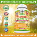 Fresh Healthcare Vitamin D3 10000 Iu (250Mcg) With Extra Virgin Olive Oil - Immune Support - 300 Softgels For Joints, Bone, Muscle & Mood Health - Non-Gmo Vitamin D Supplement